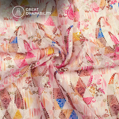 Taffy Pink And Brown Paisley Trellis Zari Sequins Embroidery Digital Print Georgette Fabric
