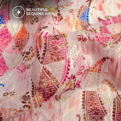 Taffy Pink And Brown Paisley Trellis Zari Sequins Embroidery Digital Print Georgette Fabric