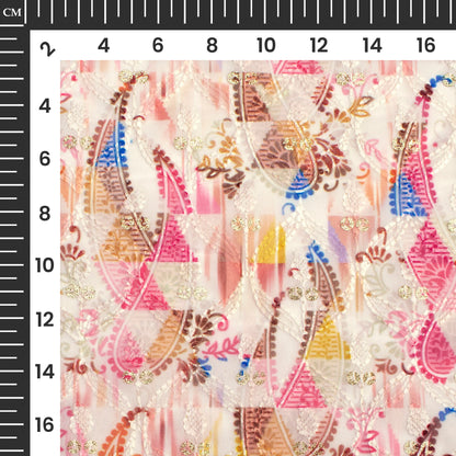 Taffy Pink And Brown Paisley Trellis Zari Sequins Embroidery Digital Print Georgette Fabric