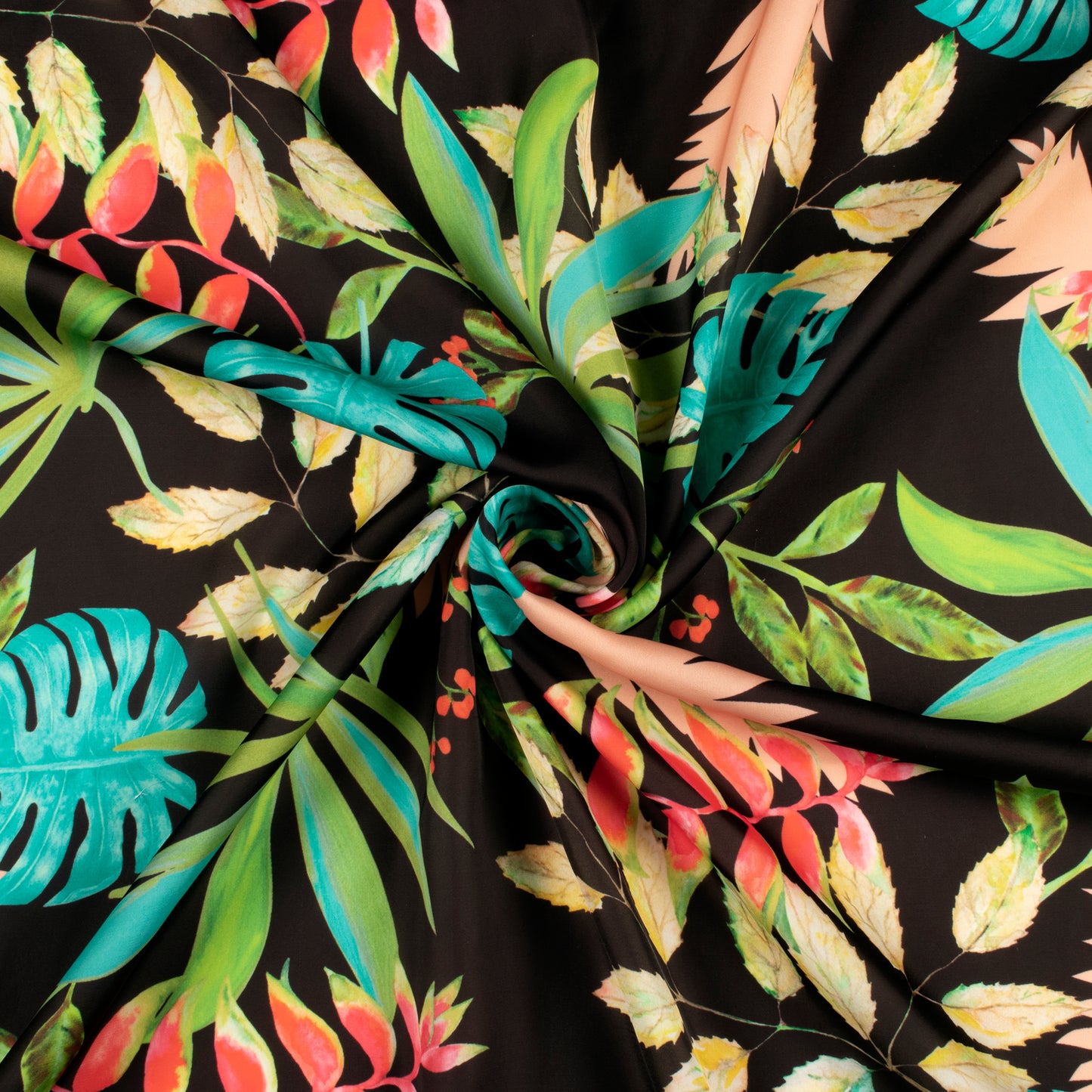 Black Leafage Digital Print Imported Satin Fabric