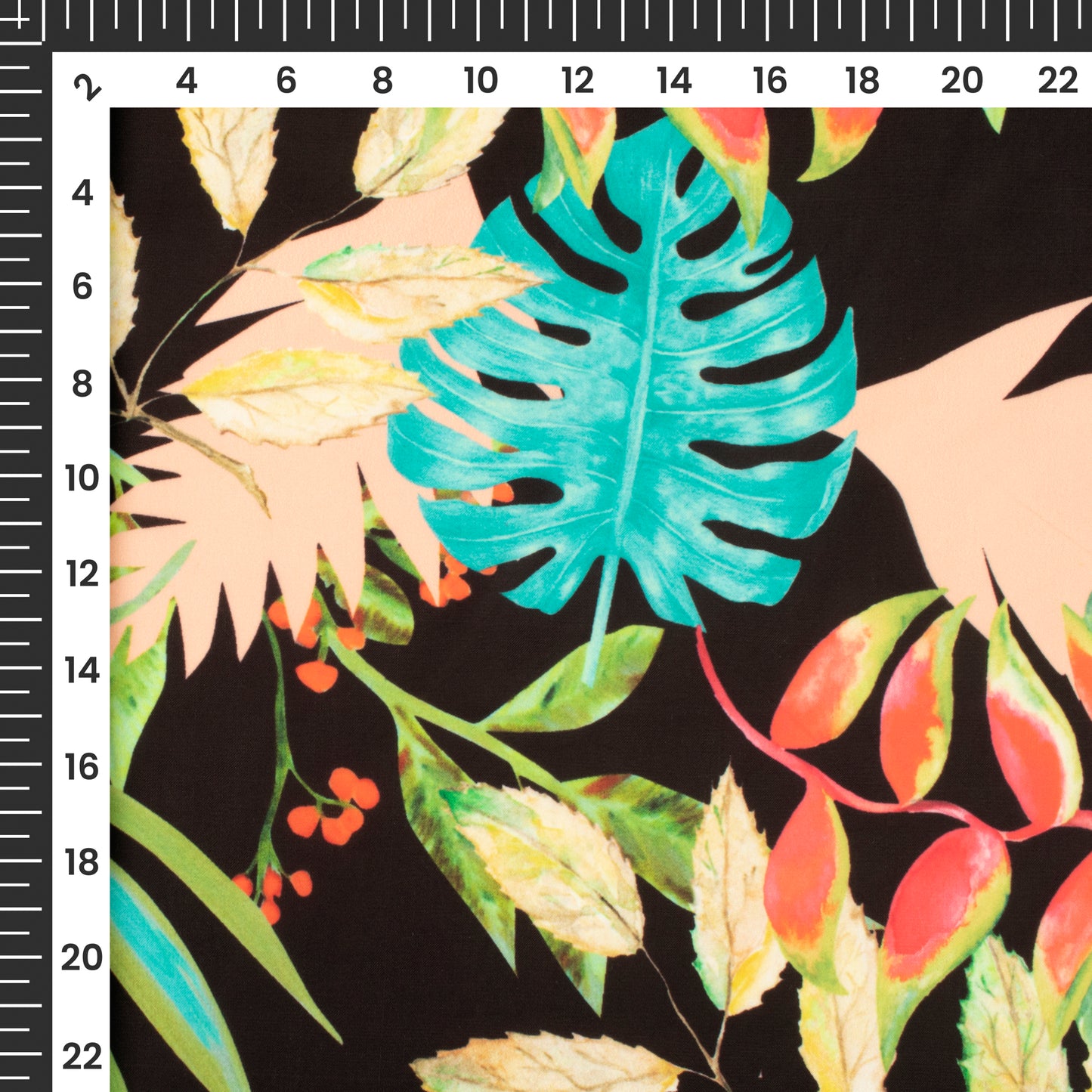 Black Leafage Digital Print Imported Satin Fabric