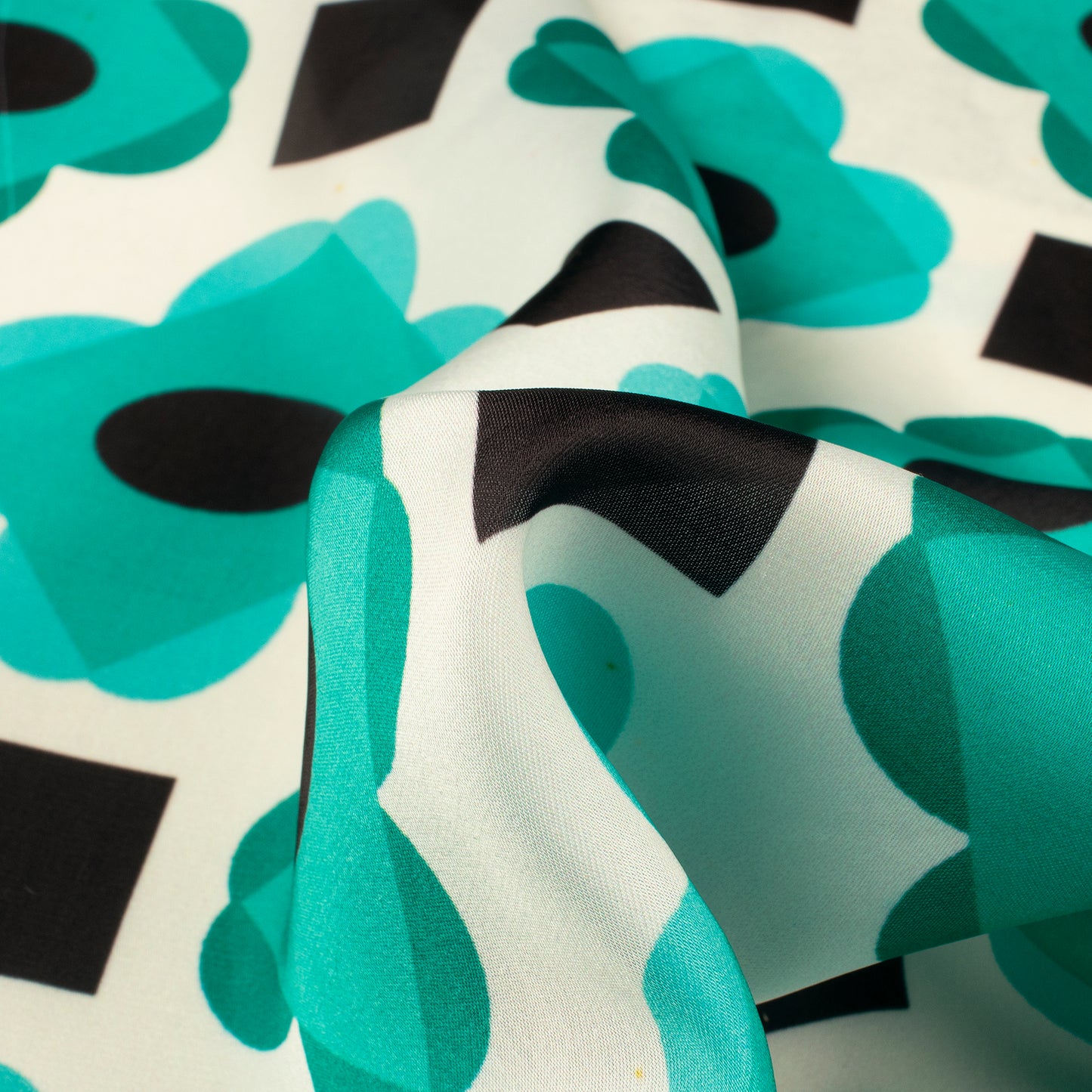 Teal Green Geometric Digital Print Imported Satin Fabric