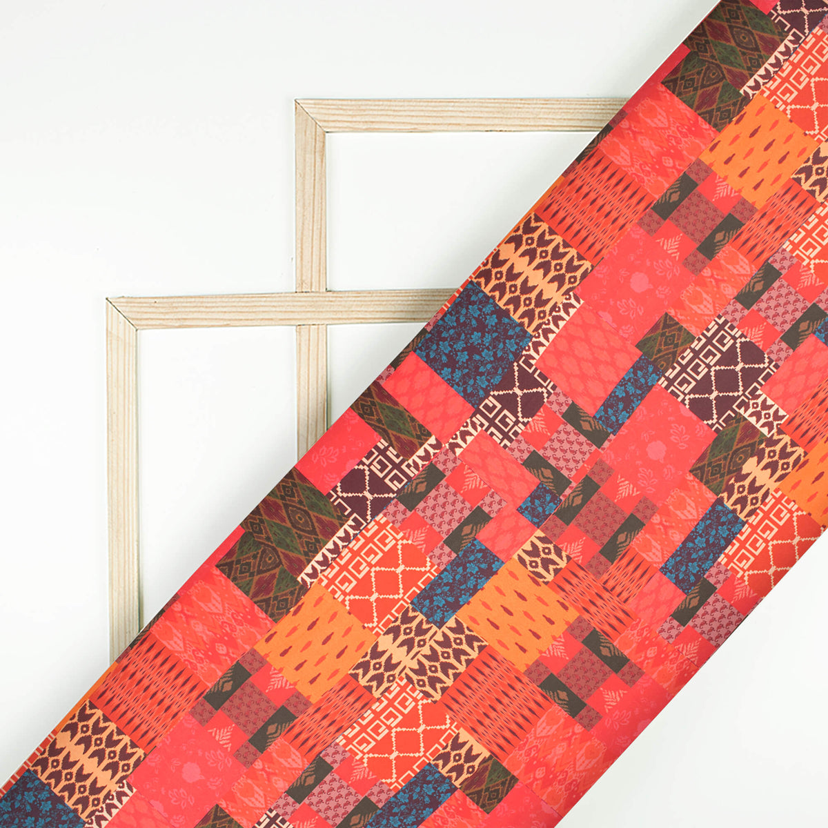 Vermillion Red And Balck Geometric Digital Print Japan Satin Fabric