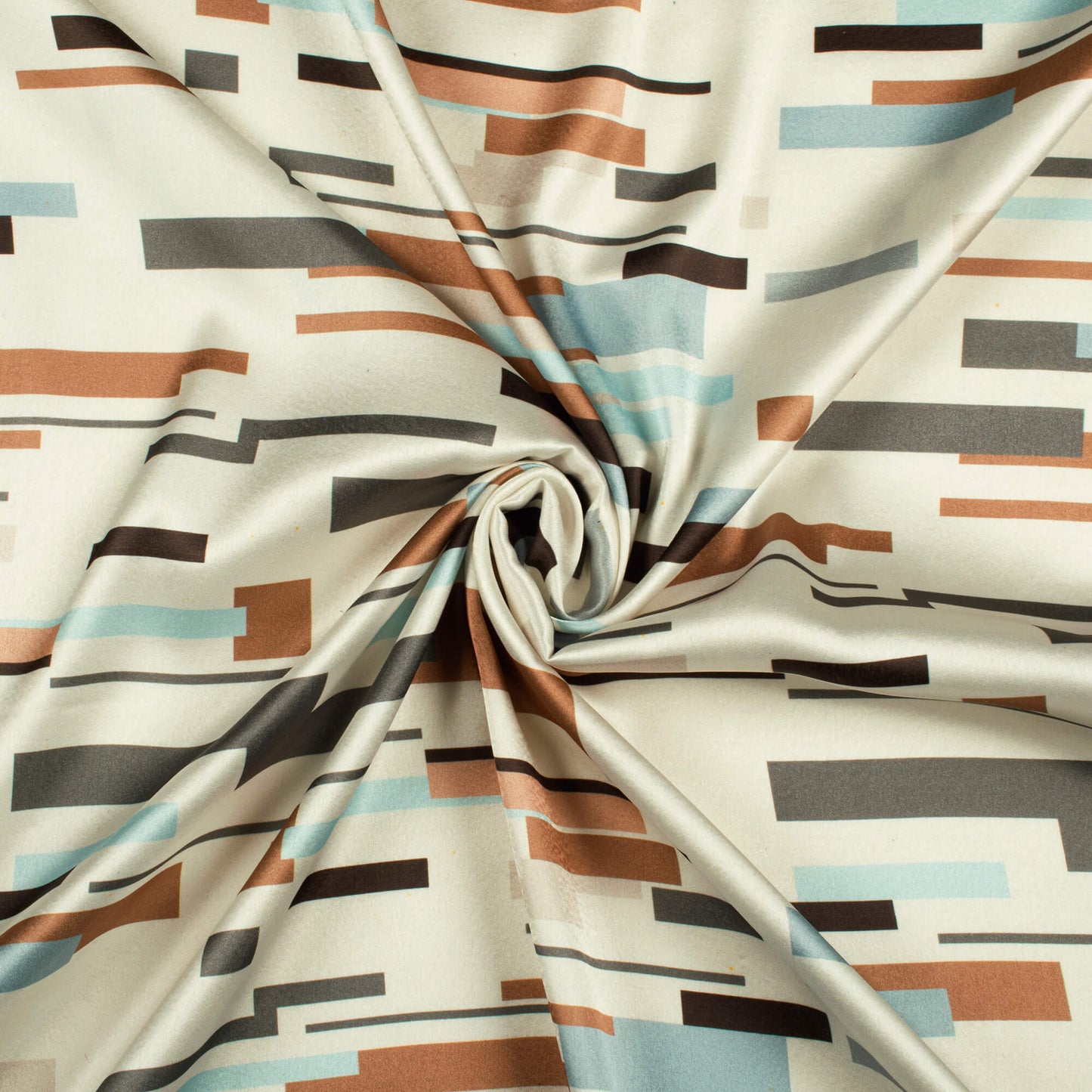 Cream And Brown Geometric Digital Print Japan Satin Fabric