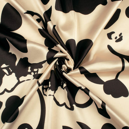 Ivory Cream And Black Floral Digital Print Japan Satin Fabric