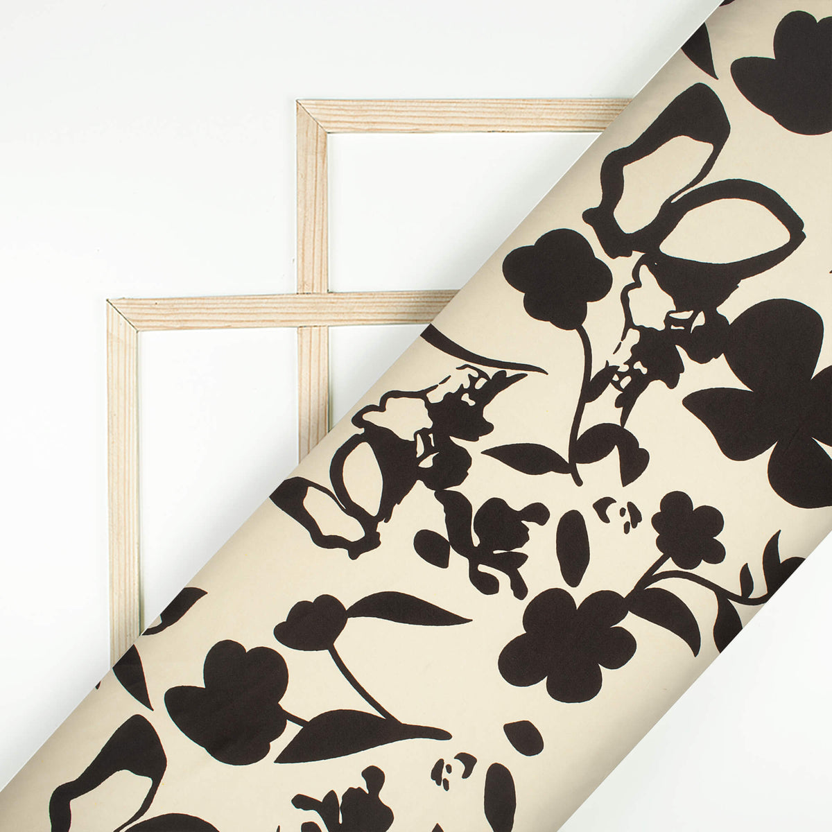 Ivory Cream And Black Floral Digital Print Japan Satin Fabric