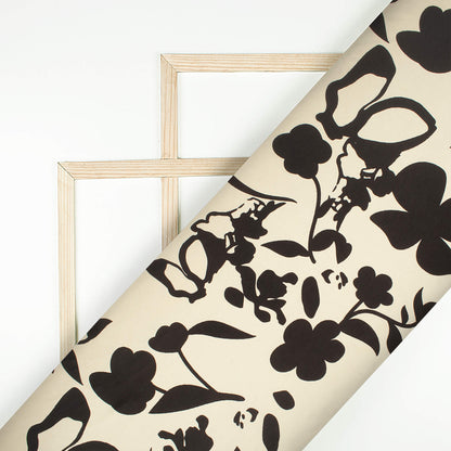 Ivory Cream And Black Floral Digital Print Japan Satin Fabric