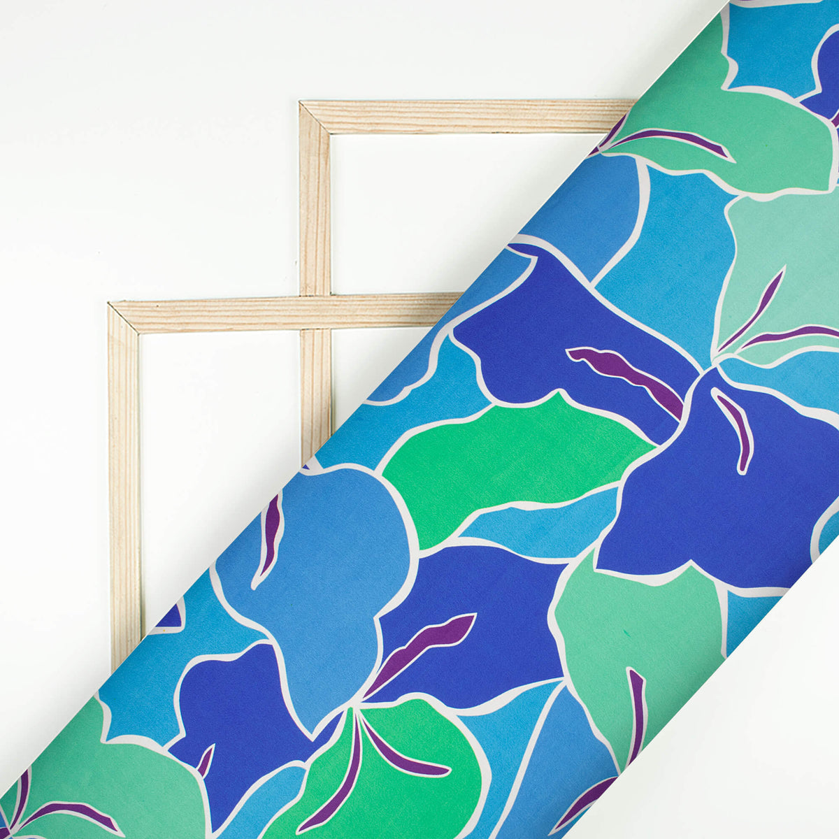 Royal Blue And Green Abstract Digital Print Japan Satin Fabric