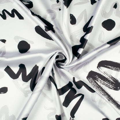 White And Black Abstract Digital Print Japan Satin Fabric