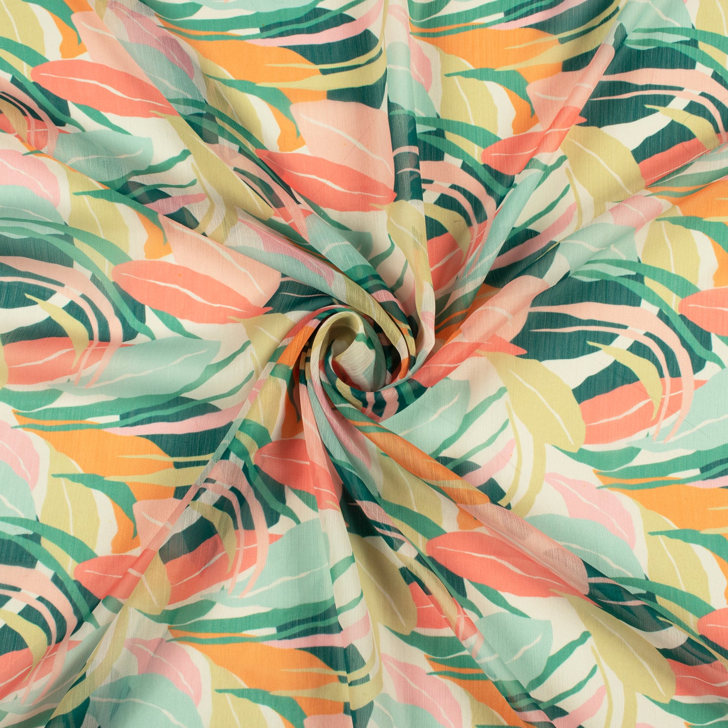 Green And Pink Leafage Digital Print Chiffon Fabric