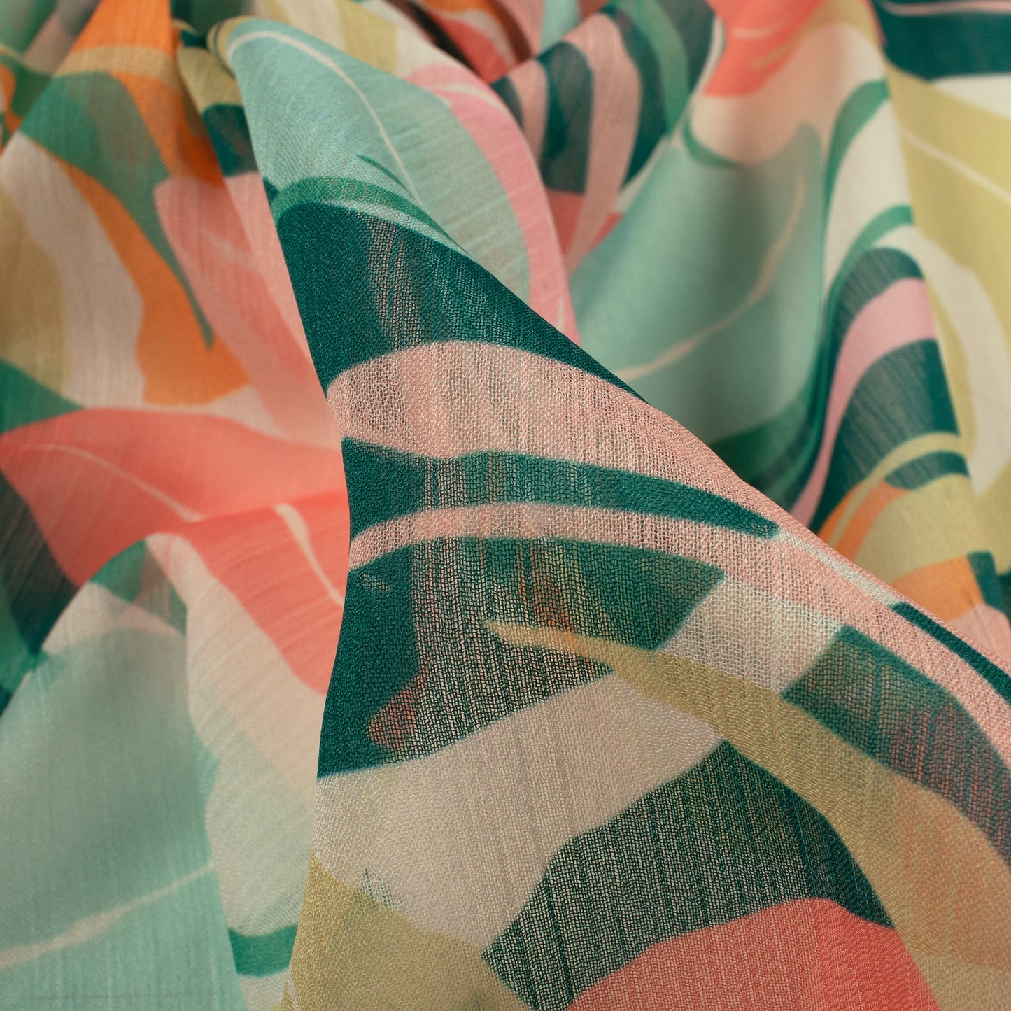 Green And Pink Leafage Digital Print Chiffon Fabric