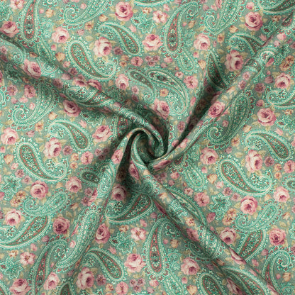 Turquoise Blue And Pink Paisley Digital Print Viscose Rayon Fabric(Width 58 Inches)