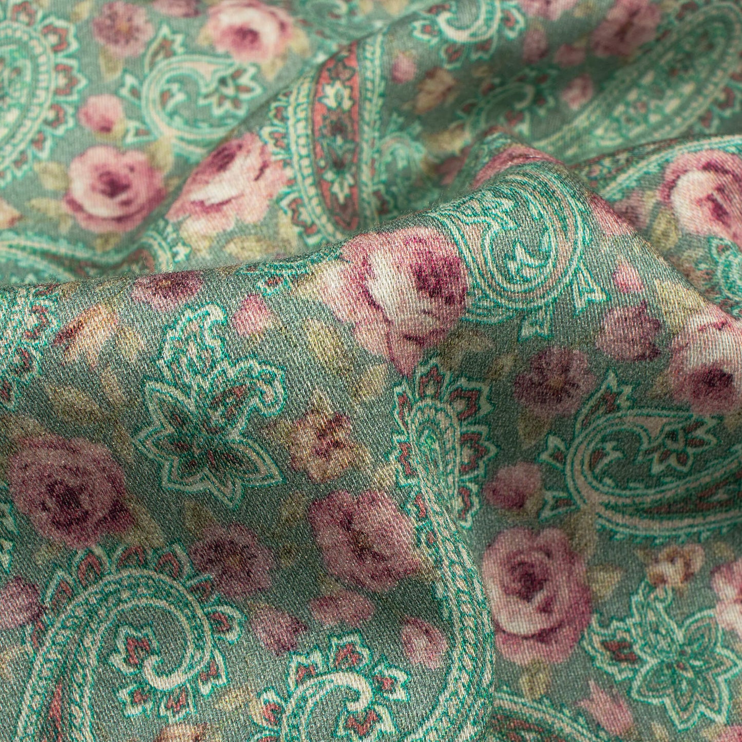 Turquoise Blue And Pink Paisley Digital Print Viscose Rayon Fabric(Width 58 Inches)