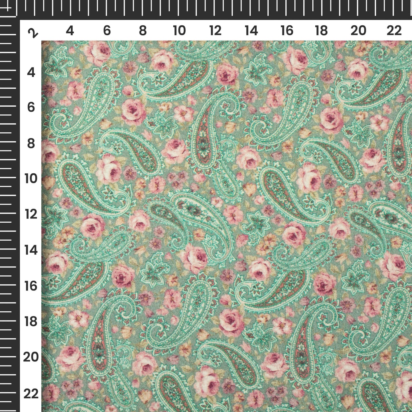Turquoise Blue And Pink Paisley Digital Print Viscose Rayon Fabric(Width 58 Inches)