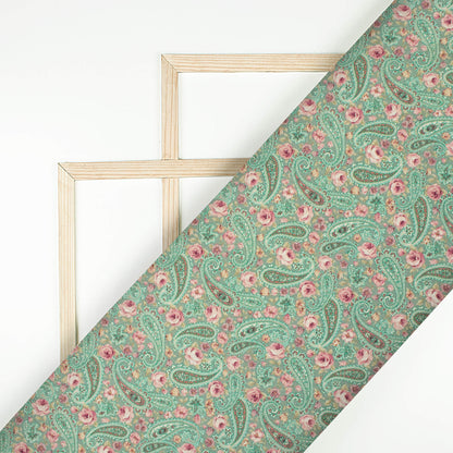 Turquoise Blue And Pink Paisley Digital Print Viscose Rayon Fabric(Width 58 Inches)