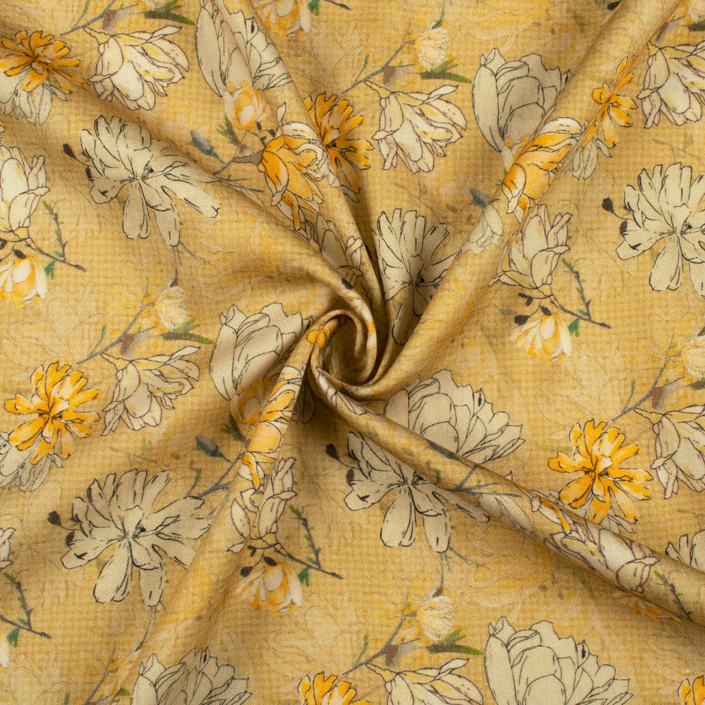 Flaxen Yellow And Beige Floral Digital Print Viscose Rayon Fabric(Width 58 Inches)