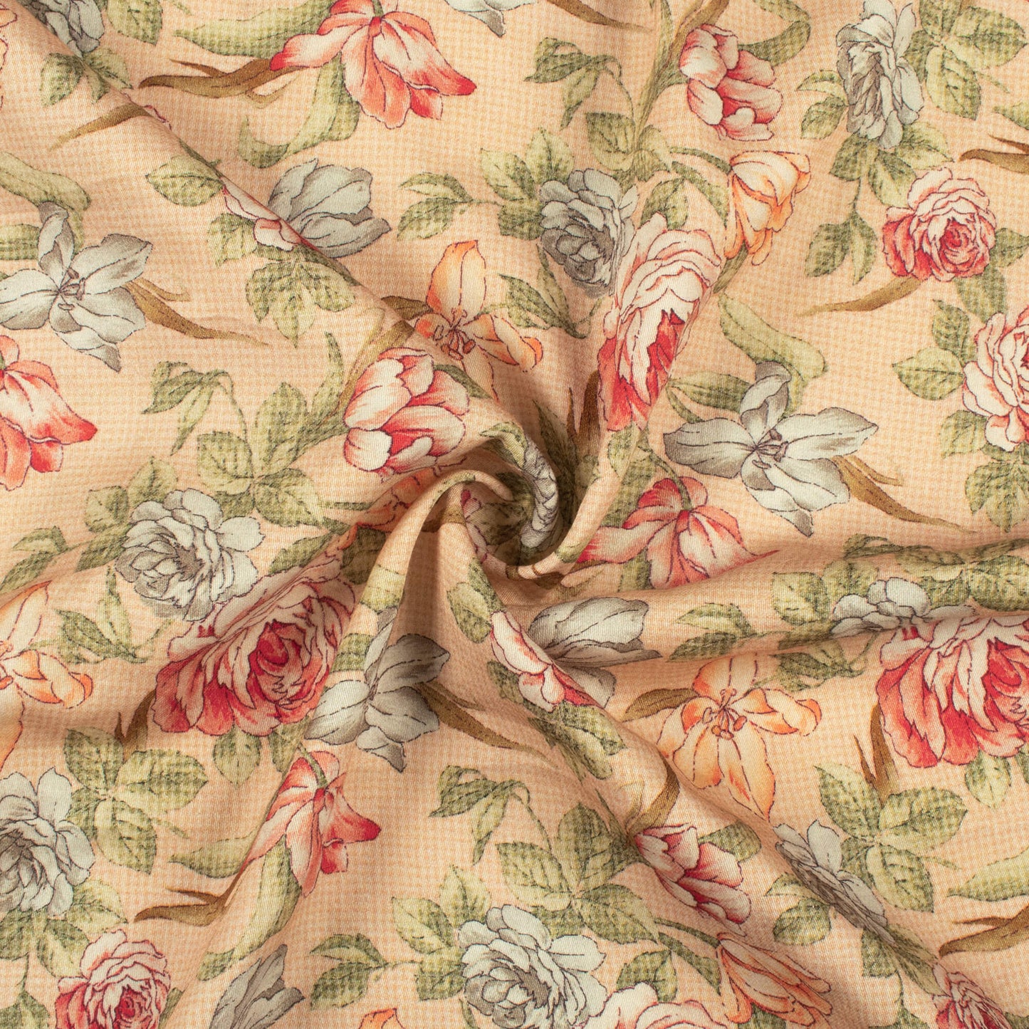Pale Orange And Red Floral Digital Print Viscose Rayon Fabric(Width 58 Inches)