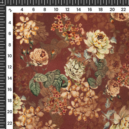 Caramel Brown And Peach Floral Digital Print Viscose Rayon Fabric(Width 58 Inches)