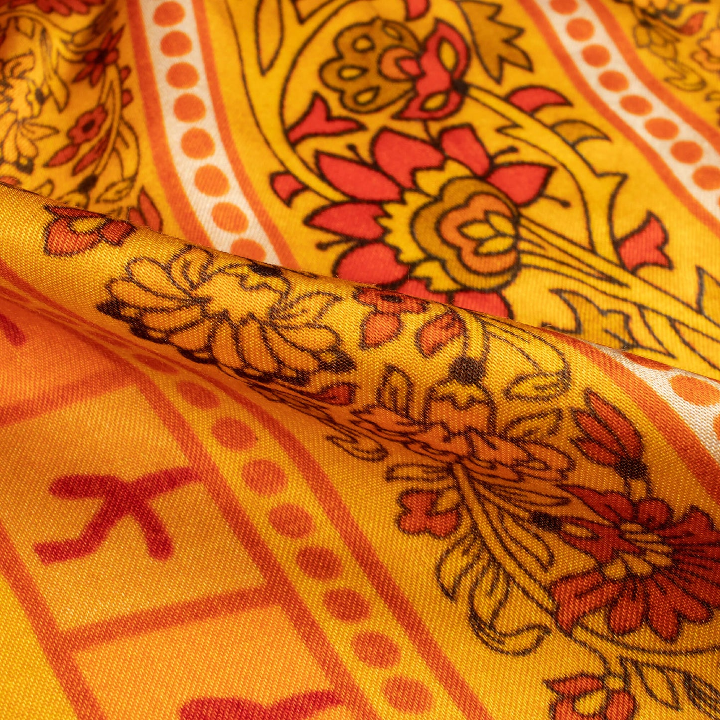 Honey Yellow And Orange Daman Digital Print Viscose Gaji Silk Fabric