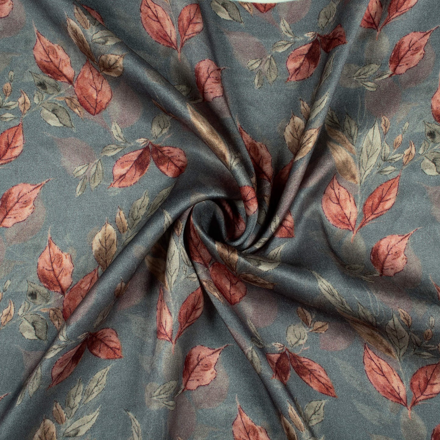 Stone Blue And Brown Leaf Digital Print Viscose Gaji Silk Fabric