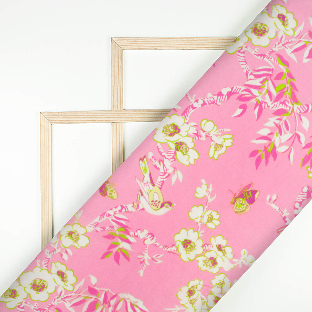 Taffy Pink And White Floral Digital Print Viscose Natural Crepe Fabric