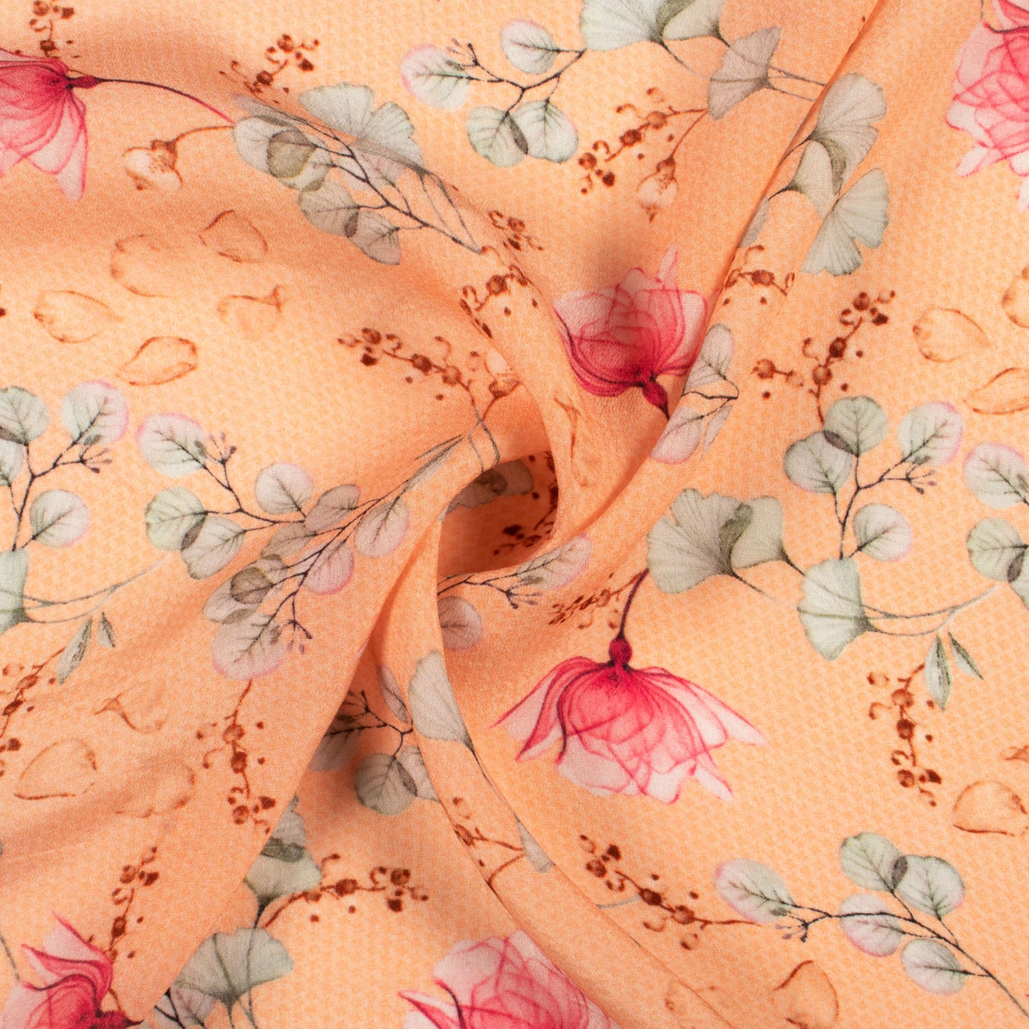 Pale Orange And Pink Floral Digital Print Viscose Natural Crepe Fabric