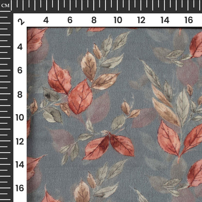 Slate Blue And Brown Leaf Digital Print Viscose Natural Crepe Fabric