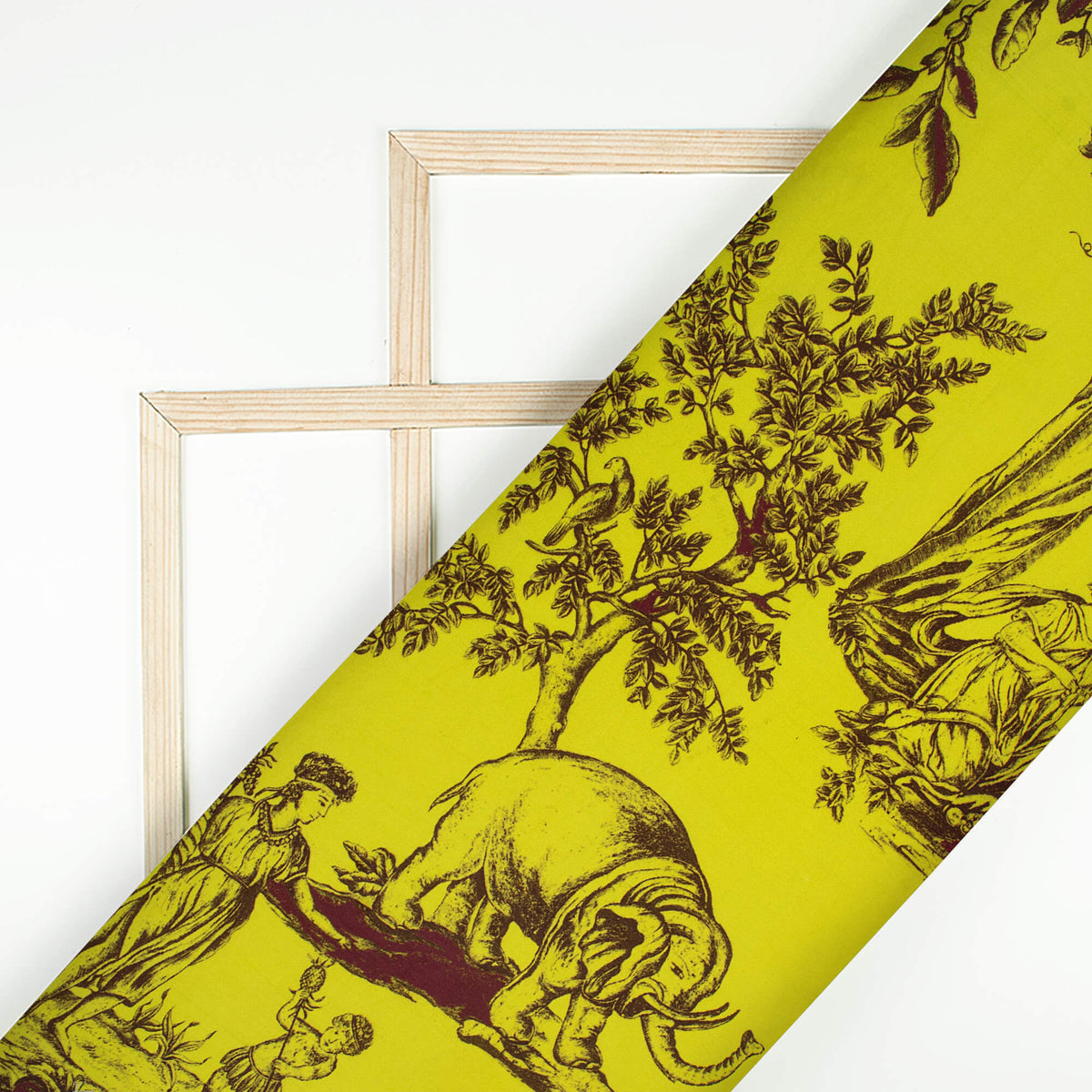 Pear Green And Brown Tropical Digital Print Poplin Fabric (Width 58 Inches)