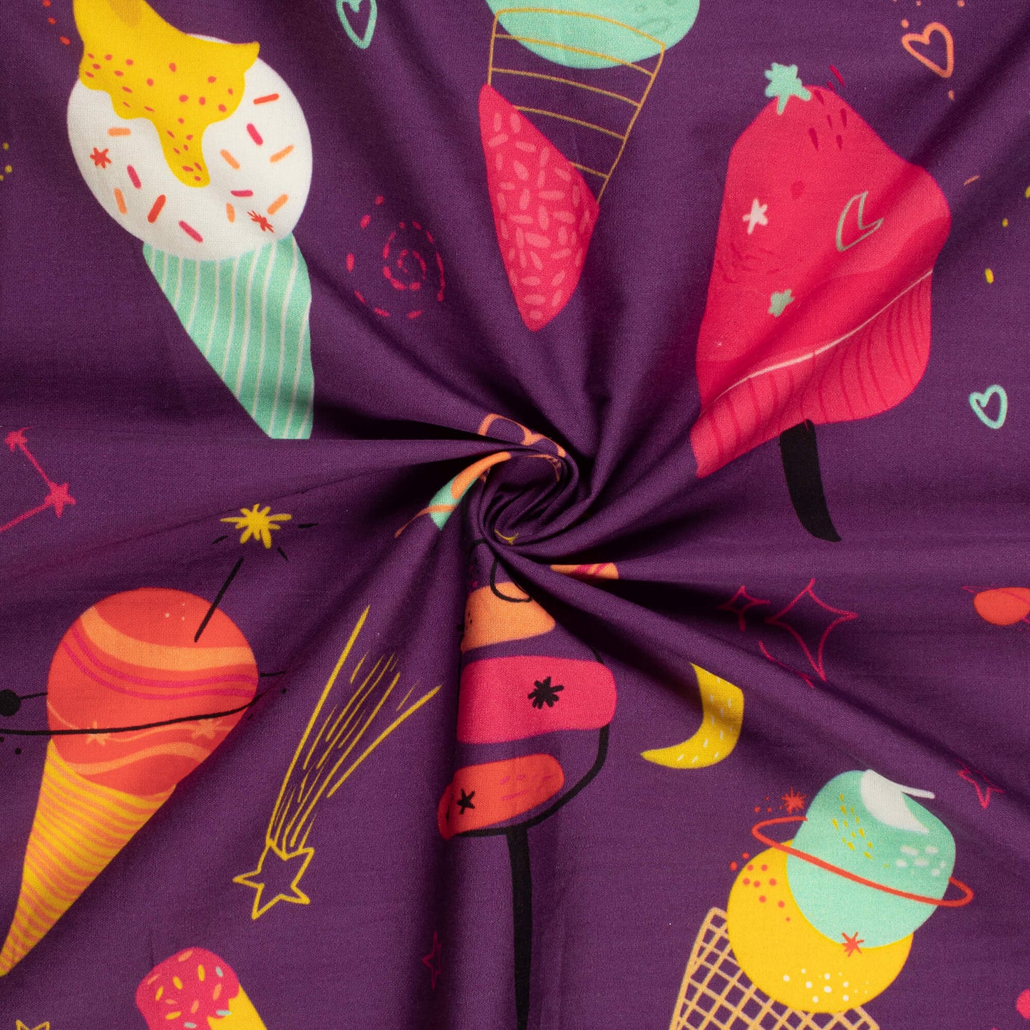 Grape Purple And Yellow Quirky Digital Print Poplin Fabric (Width 58 Inches)