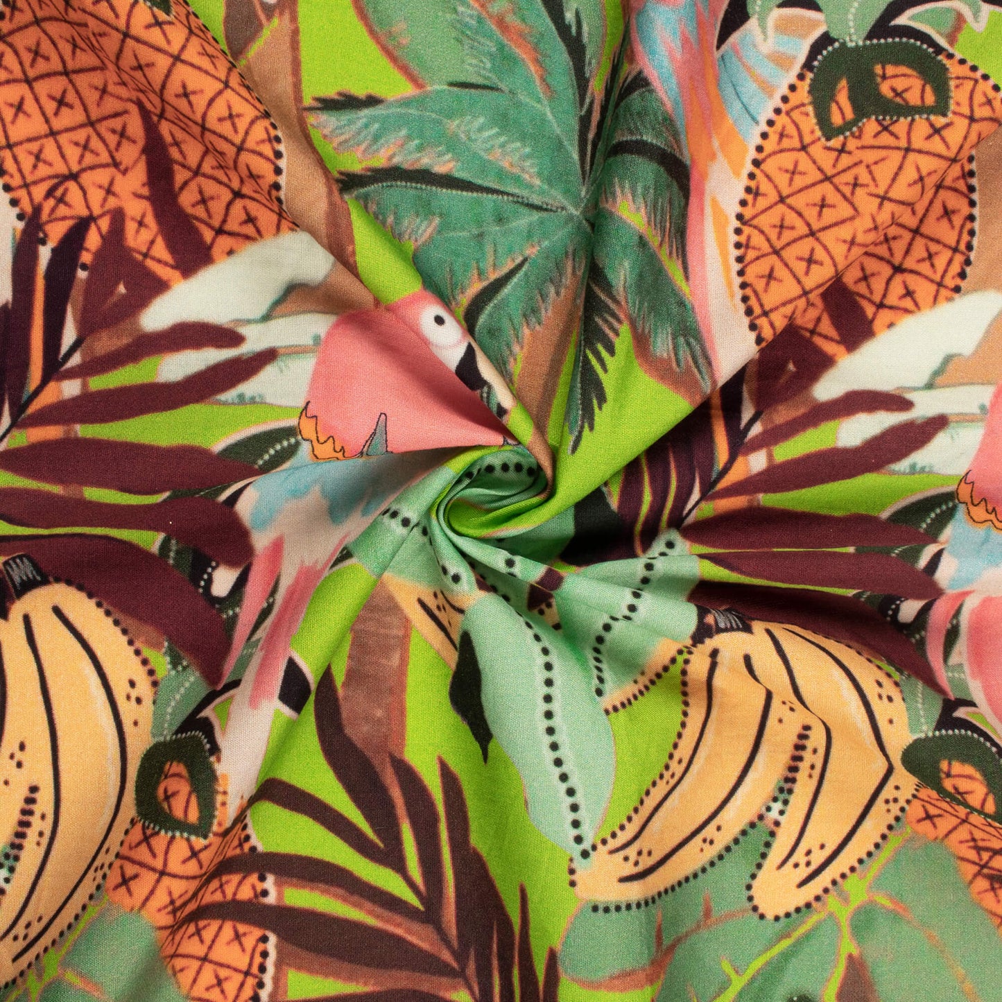 Green Lizard And Orange Tropical Digital Print Poplin Fabric (Width 58 Inches)