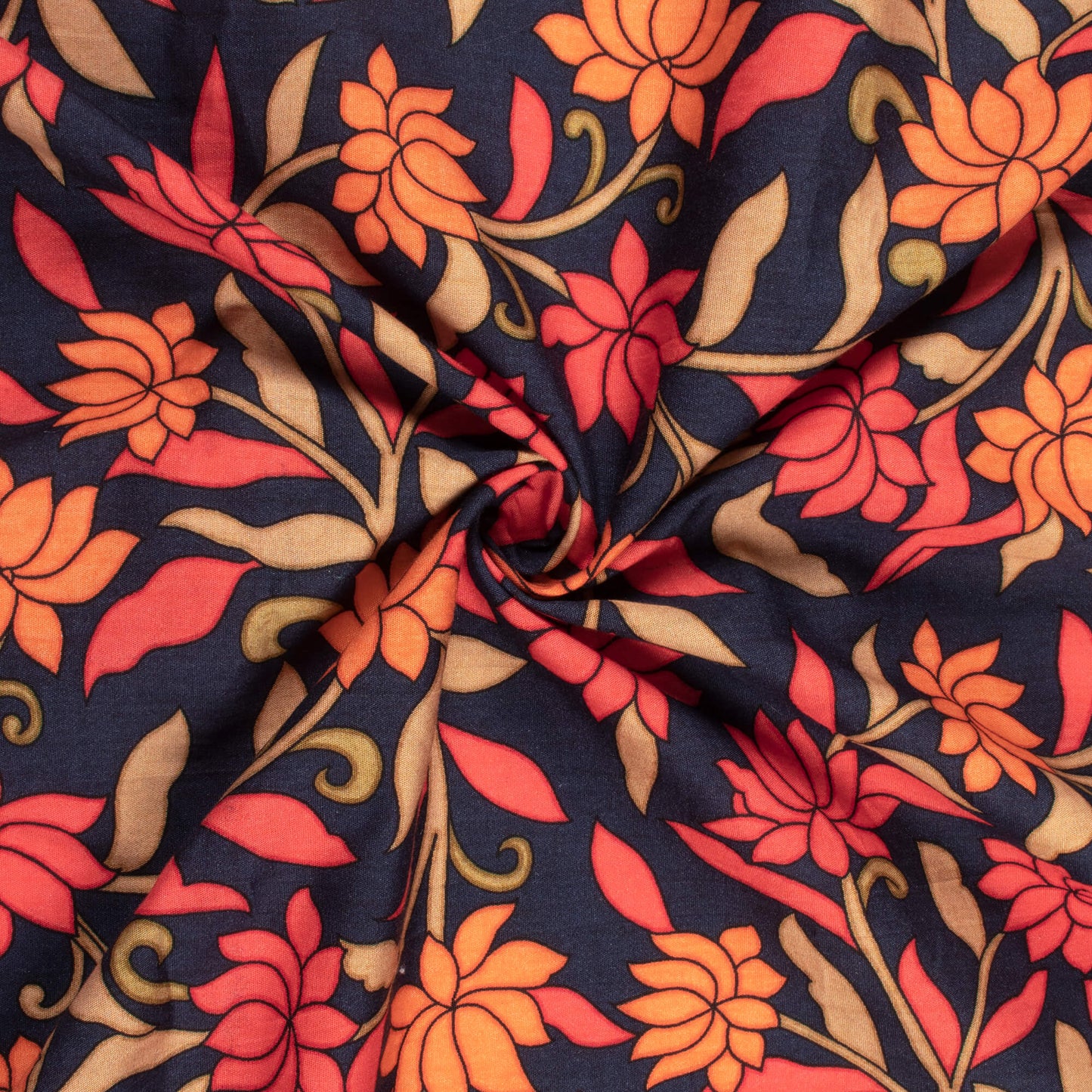 Oxford Blue And Peach Floral Digital Print Poplin Fabric (Width 58 Inches)