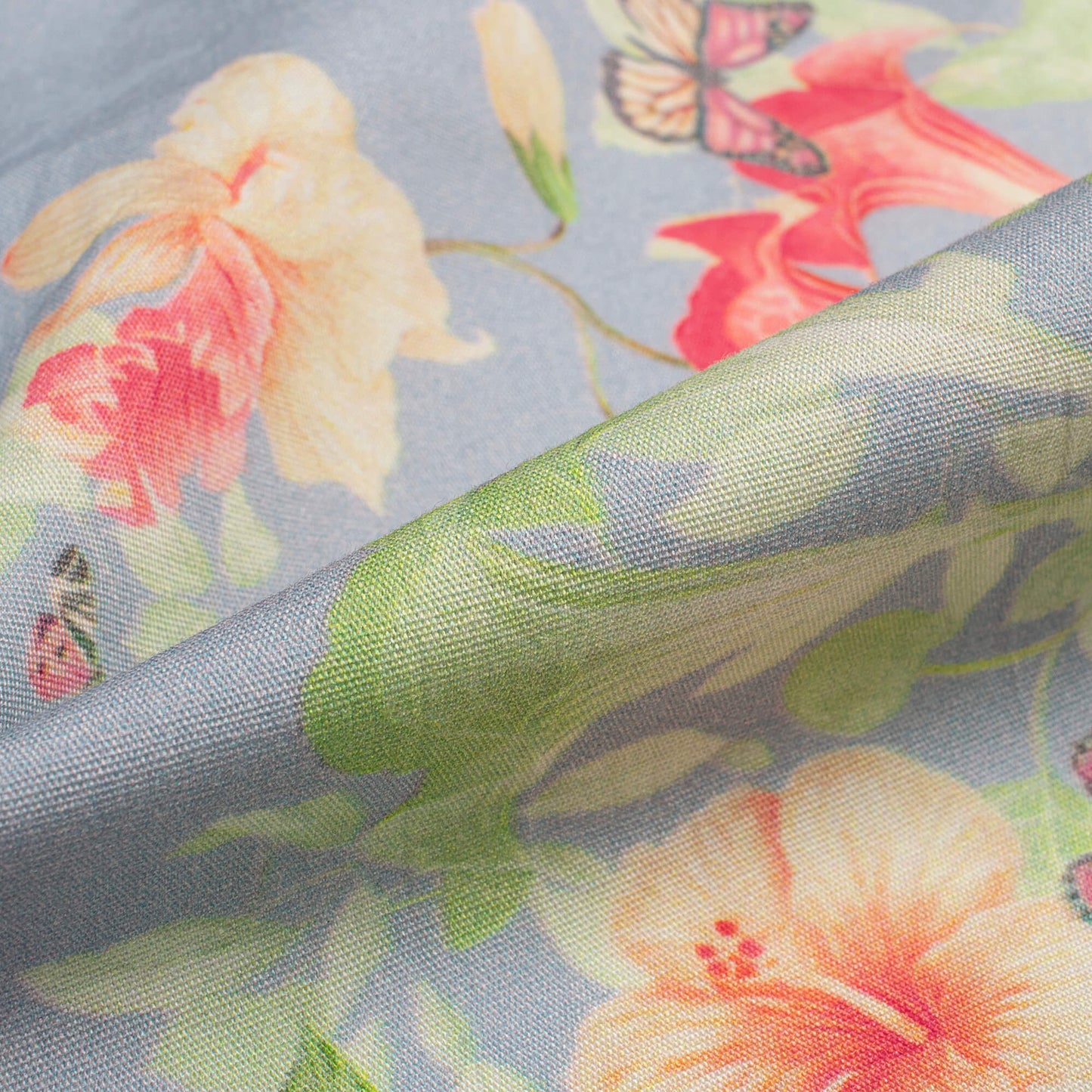 Ice Blue And Green Floral Digital Print Poplin Fabric (Width 58 Inches)