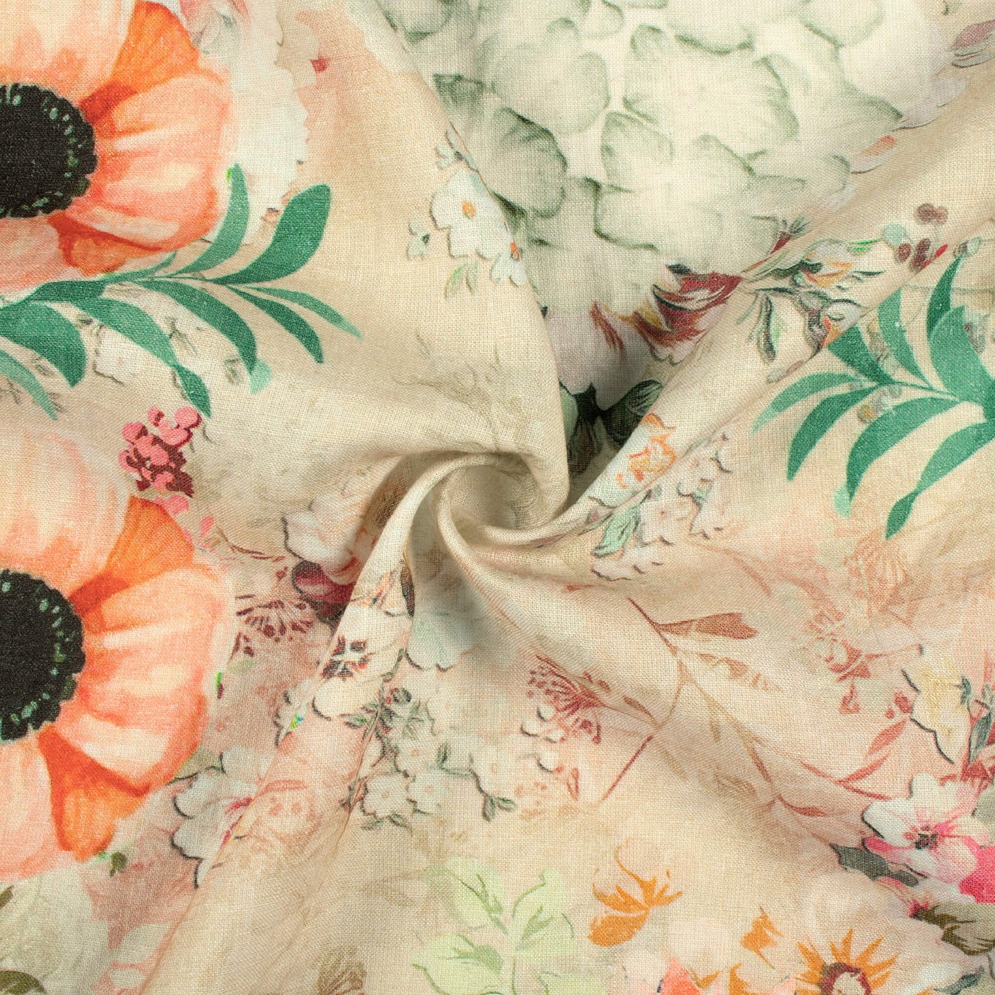 Beige Floral Digital Print Premium Pure Linen Fabric (Width 58 Inches)