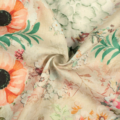 Beige Floral Digital Print Premium Swiss Linen Fabric