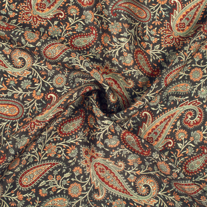 Sage Green And Black Paisely Digital Print Bemberg Raw Silk Fabric