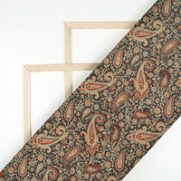 Sage Green And Black Paisely Digital Print Bemberg Raw Silk Fabric