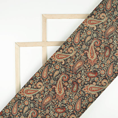 Sage Green And Black Paisely Digital Print Bemberg Raw Silk Fabric