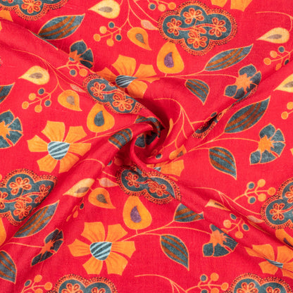 Crimson Red And Orange Floral Digital Print Bemberg Raw Silk Fabric