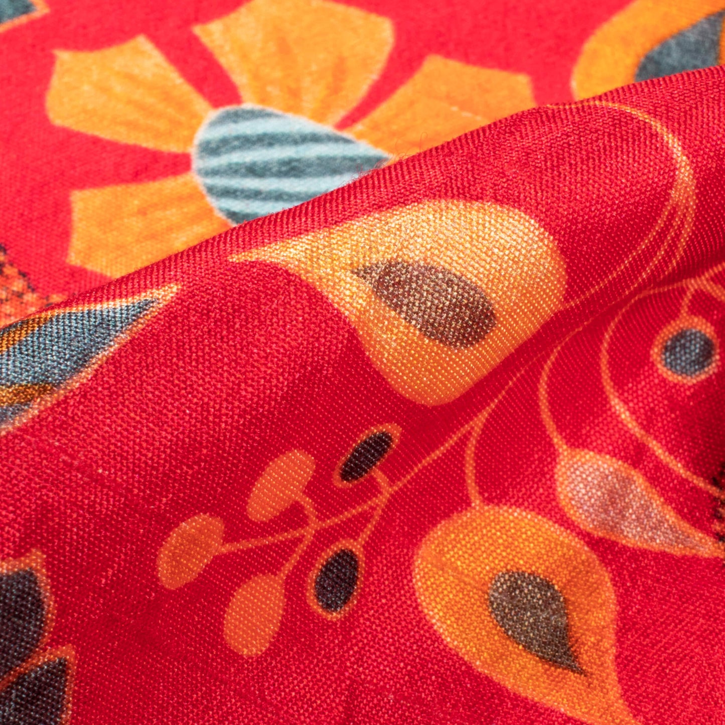 Crimson Red And Orange Floral Digital Print Bemberg Raw Silk Fabric