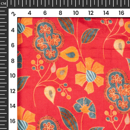 Crimson Red And Orange Floral Digital Print Bemberg Raw Silk Fabric