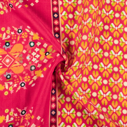 Dark Pink And Yellow Patolaa Digital Print Bemberg Raw Silk Fabric