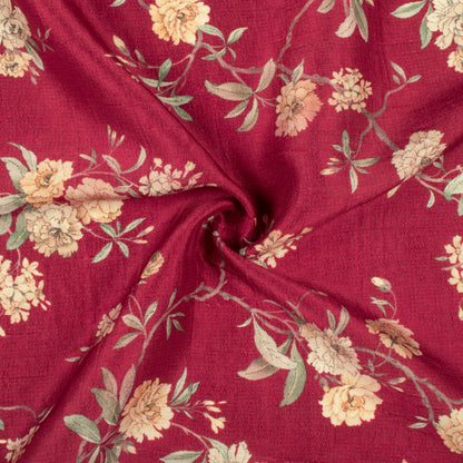 Wine Red And Beige Floral Digital Print Bemberg Raw Silk Fabric