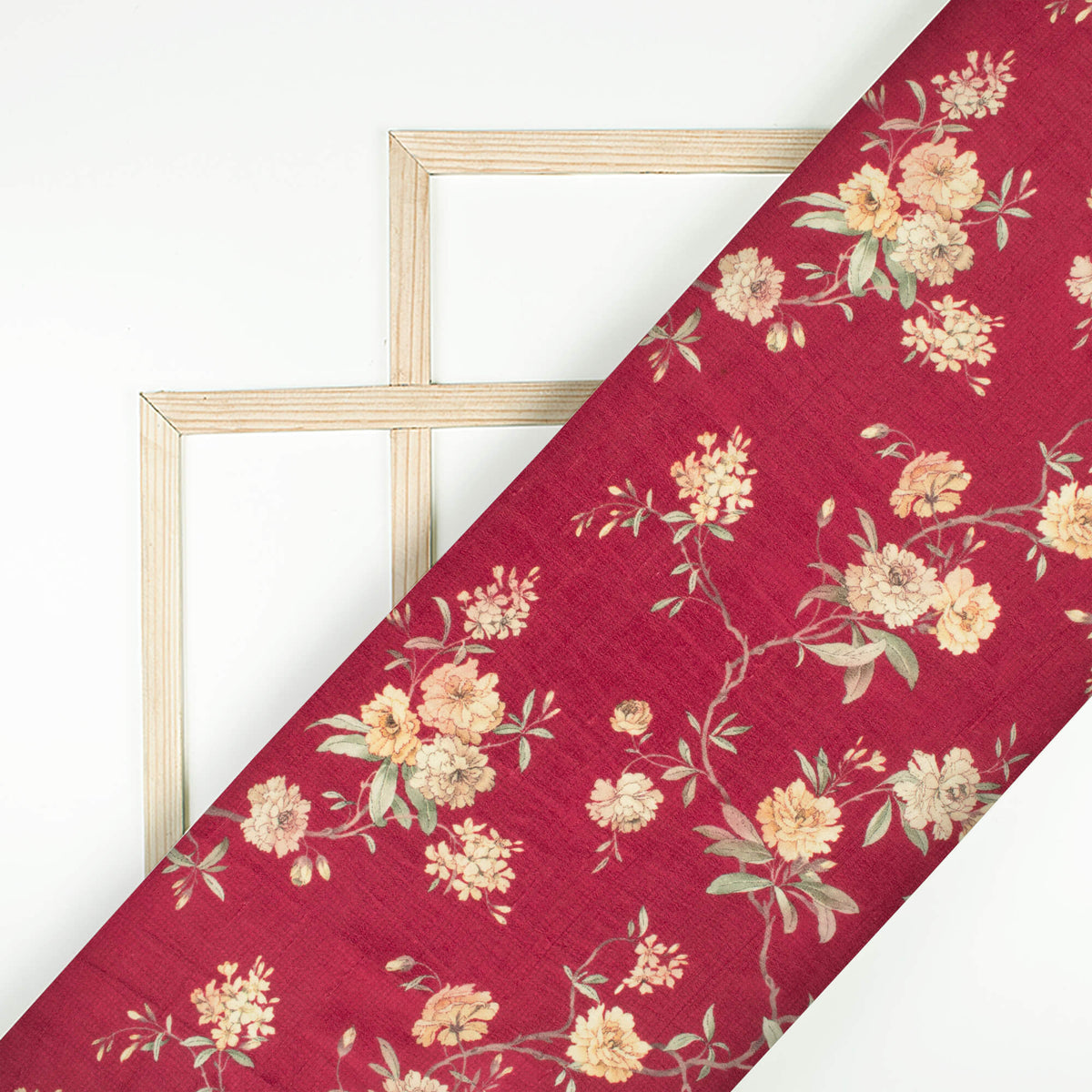 Wine Red And Beige Floral Digital Print Bemberg Raw Silk Fabric