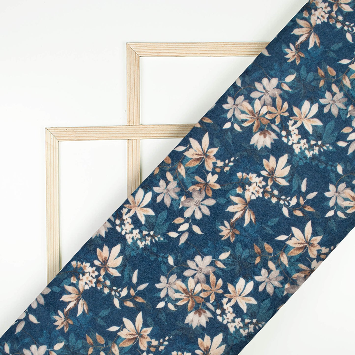 Aegean Blue And Beige Floral Digital Print Bemberg Raw Silk Fabric