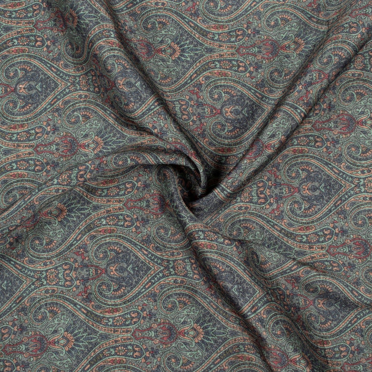 Teal Green And Blue Ethnic Digital Print Bemberg Raw Silk Fabric