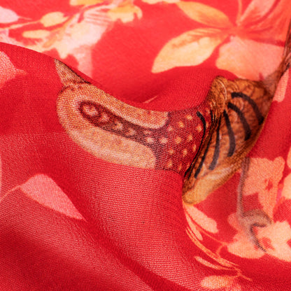 Red And Orange Floral Digital Print Pure Georgette Fabric