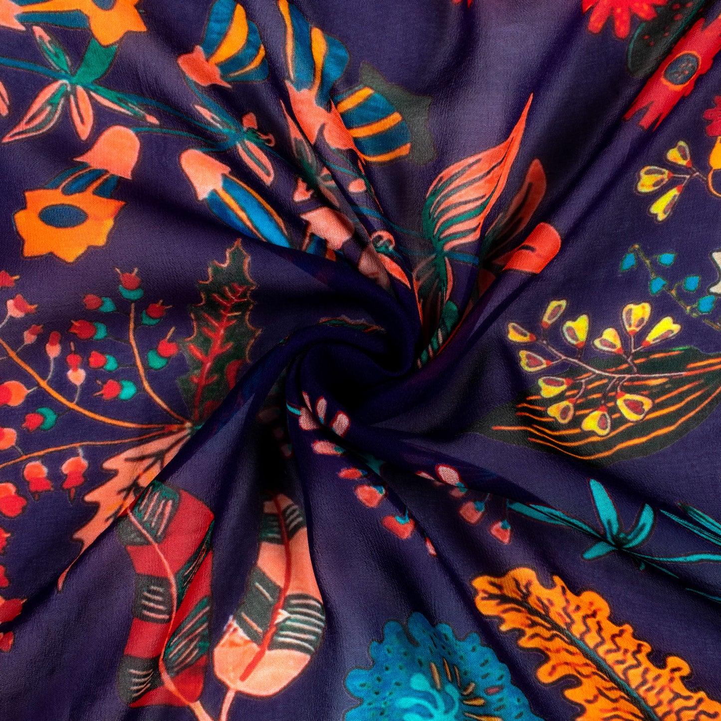 Royal Blue And Peach Floral Digital Print Pure Georgette Fabric