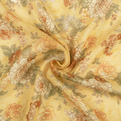 Flax Yellow And Brown Floral Digital Print Pure Georgette Fabric