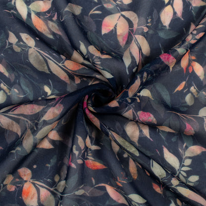 Navy Blue And Peach Leaf Digital Print Pure Georgette Fabric