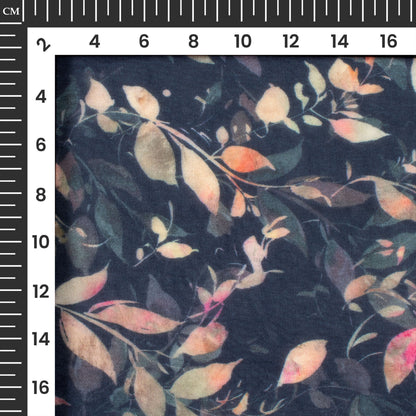 Navy Blue And Peach Leaf Digital Print Pure Georgette Fabric